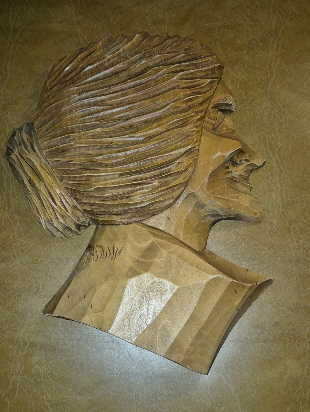 Vintage Marcel D. Acoine Hand-Carved Wooden Woman Profile Wall Art